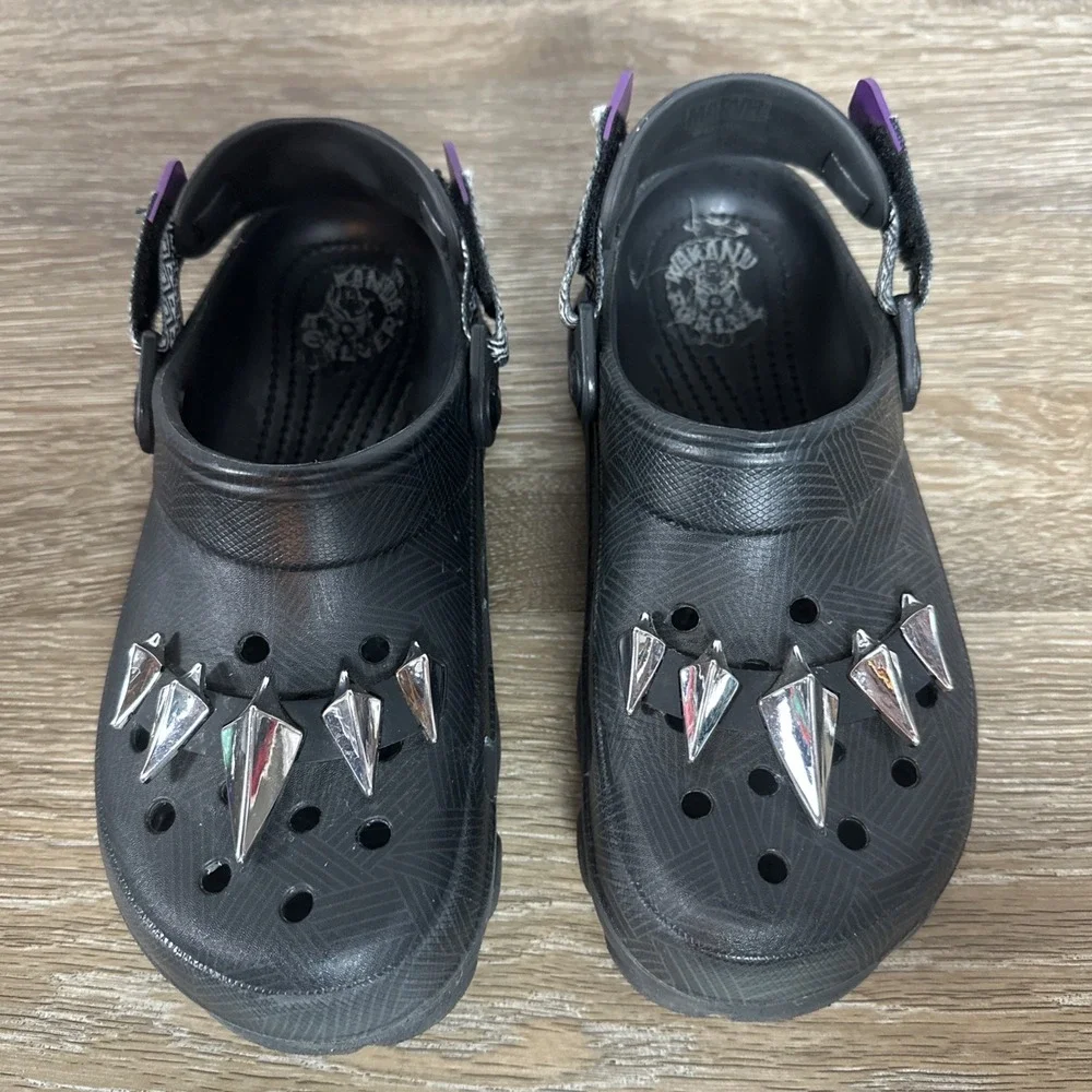Crocs Black Panther Clogs Kids J5 Marvel Spiked Jibbitz Comfort Shoes